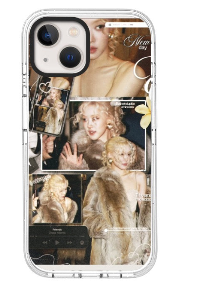 Clear phone case with a blonde editorial collage design
