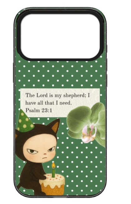Green customizable phone case with Psalm 23:1 quote, gothic black cat, cake, polka dots, and orchid