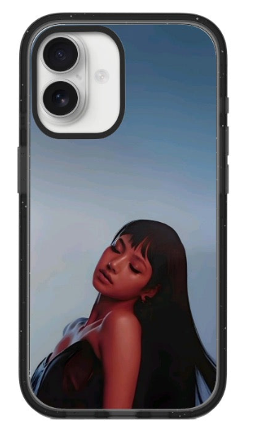 LISA red glow portrait phone case with a blue-gray background and cinematic editorial styling